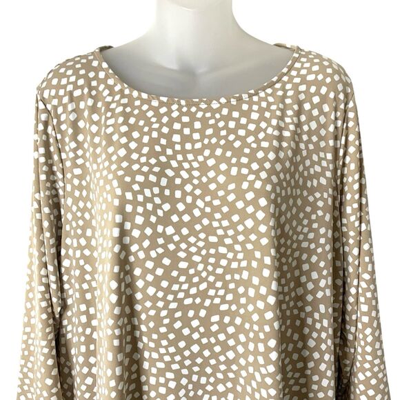 Alfani Womens 2X Tunic Top Tan White Printed 3/4 Sleeve Asymmetric Hem Stretchy - Picture 2 of 12